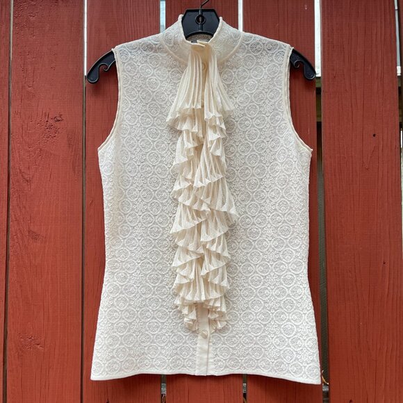 Alexander McQueen Jabot Collar Stretchy lace Sleeveless button up blouse L - Picture 13 of 16